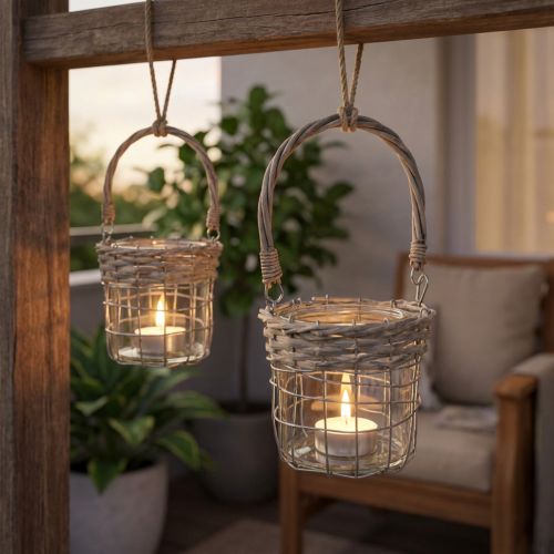 tételeket Függesztett lámpás dekoráció, fém, üveg, fűzfa, Ø13cm M12cm, 2 darab