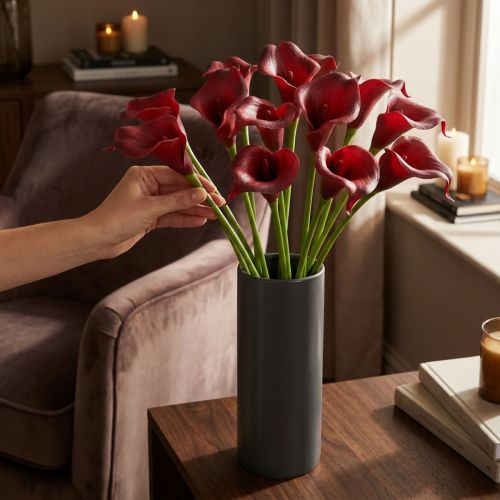 Calla vörös bordó művirág csokorban 57cm 12 db | Floristik24.hu