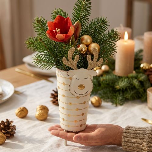 Rénszarvas cserep, Adventi dekoráció, fém dekoráció, virágtartó karácsonyra fehér, arany H28cm Ø8,5cm | Floristik24.hu