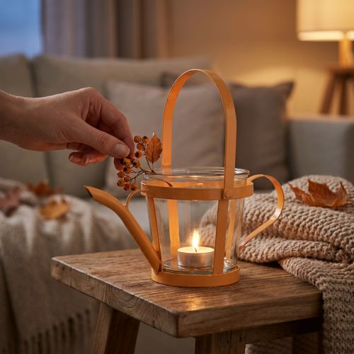 Lámpás üveg dekoratív öntözőkanna fém narancs Ø14cm H13cm | Floristik24.hu