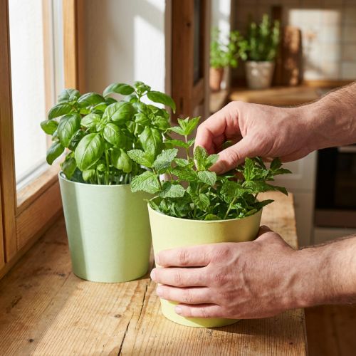 Papír cachepot, ültetőgép, gyógynövényes cserép kék/zöld Ø15cm H13cm 4db | Floristik24.hu