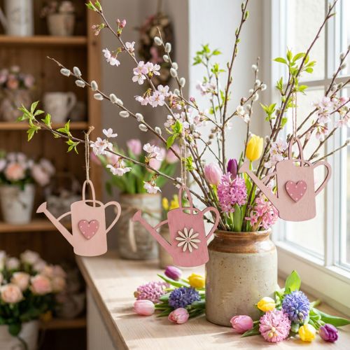 Függesztett dekoráció fa öntözőkanna deco pink deco fogas 14x12cm 6db | Floristik24.hu