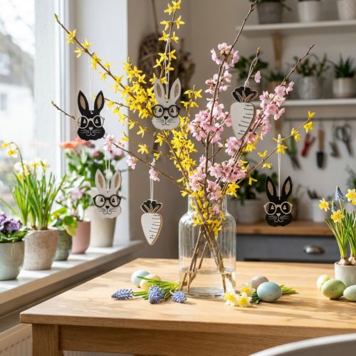 Fa medál nyúl szemüveggel sárgarépa csillám 4×7,5cm 9db | Floristik24.hu