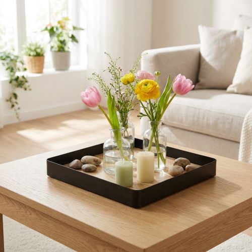 Dekoratív tálca fém fa négyzet natúr fekete 25,5×25,5×4cm | Floristik24.hu