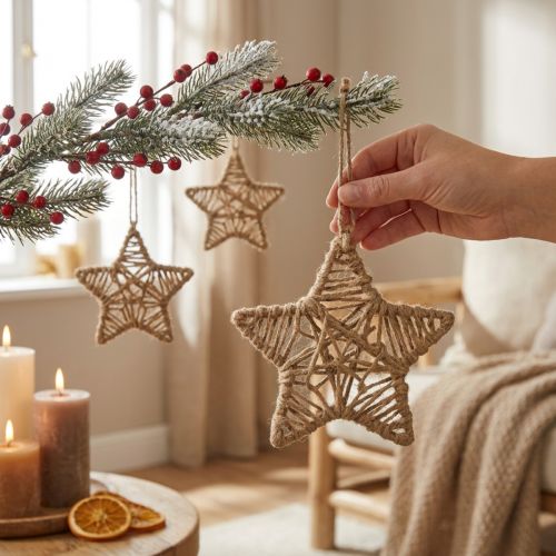 Díszcsillag akasztható juta csillag natúr Ø18cm 4 db | Floristik24.hu