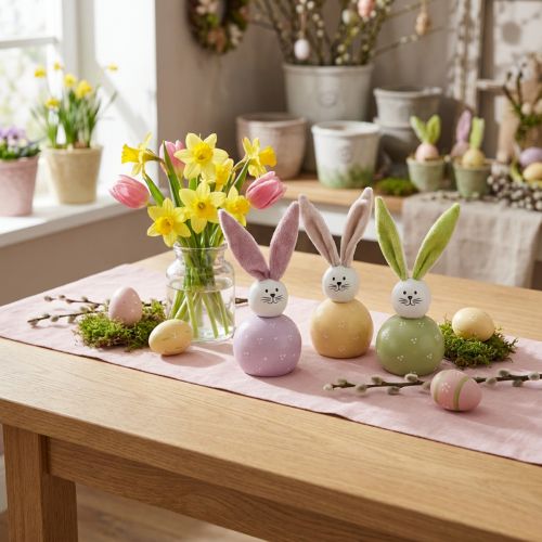 Húsvéti nyuszik rózsaszín zöld sárga fa nyuszik dekoráció 8×22cm 3db | Floristik24.hu