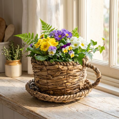Ültetőkehely tányérral, kis szalma ültetőkosár, Ø17cm M13cm | Floristik24.hu
