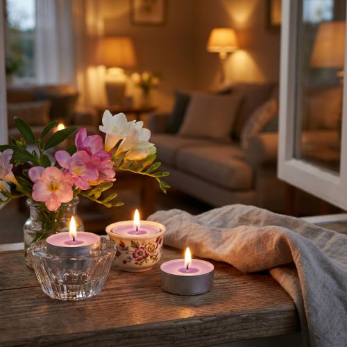 Illatos gyertya frézia, teamécses illat, szobai illatgyertya Ø3,5cm H1,5cm 18 db | Floristik24.hu
