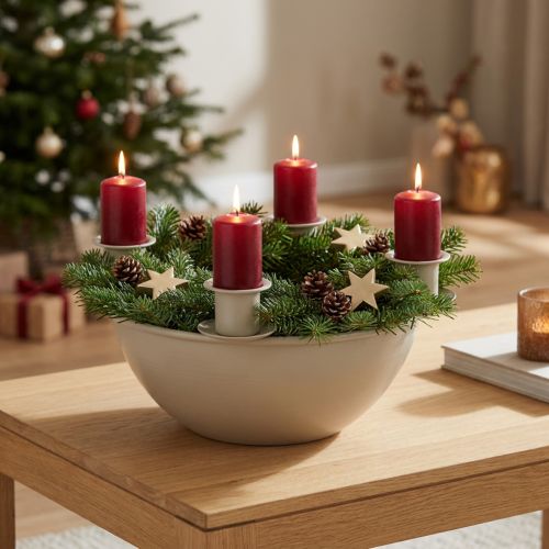 Mécsestartó 4 db-os foglalattal, modern adventi koszorú, bézs, 15 cm | Floristik24.hu