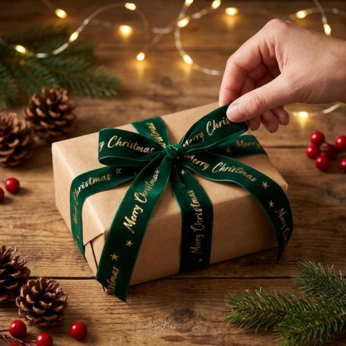 Ajándék szalag, karácsonyi szalag, bársony szalag Green Merry Christmas 25mm 20m | Floristik24.hu