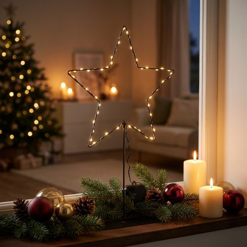 LED csillag elemtartóval, ablakpárkányra és asztalra szerelhető állványon, 46 cm | Floristik24.hu