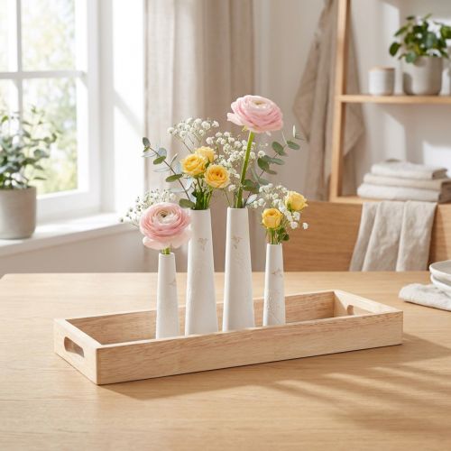 Dekoratív tálca fa mini vázák kerámia fehérarany 35x14cm | Floristik24.hu