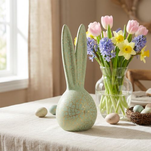Nyúlfej húsvéti nyuszi dekoráció menta zöld arany craquelure H28cm | Floristik24.hu
