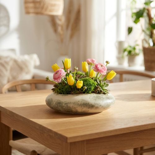 Dekoratív tál ovális lapos kerámia tál krémszürke zöld 19×14×5cm | Floristik24.hu