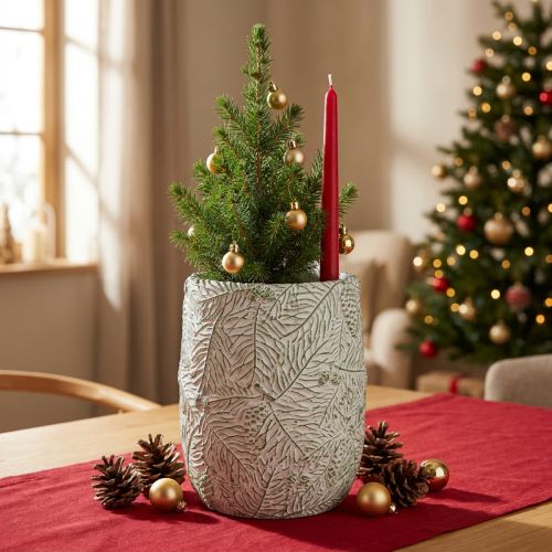 Ültetőkerámia zöld fehér szürke fenyőágak Ø12cm H17,5cm | Floristik24.hu