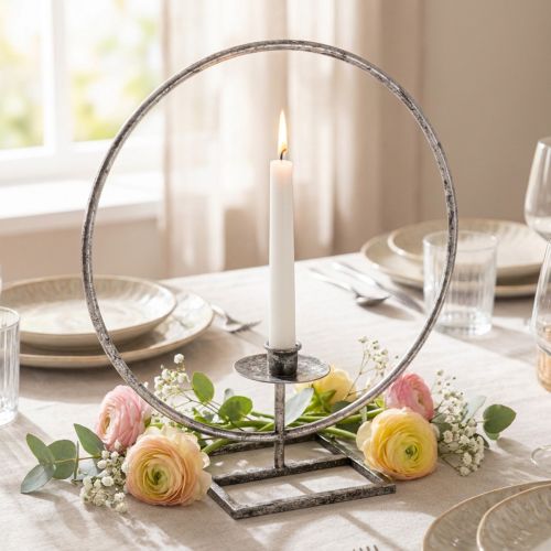 Dekor gyűrű fém gyertyatartó ezüst shabby chic Ø32cm | Floristik24.hu