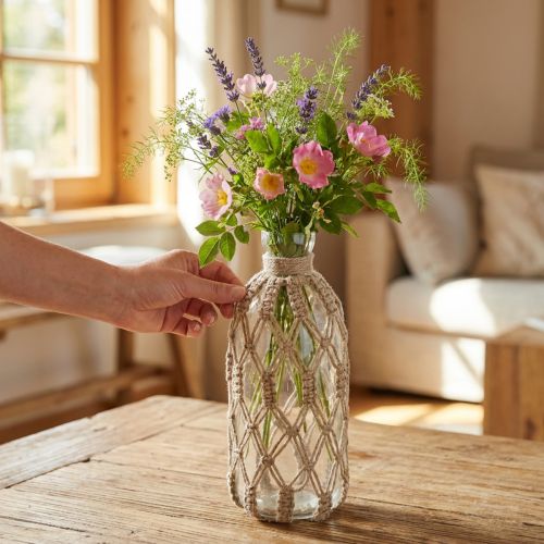 Dekoratív üveg makramé üvegváza Ø10cm H27cm | Floristik24.hu