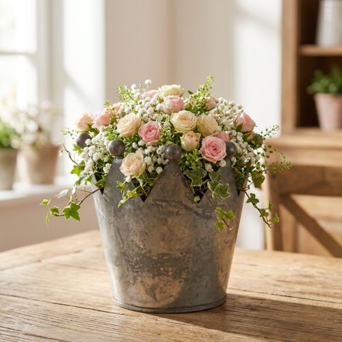 Deco korona antik megjelenésű szürke fém asztaldísz Ø12,5cm H12cm | Floristik24.hu