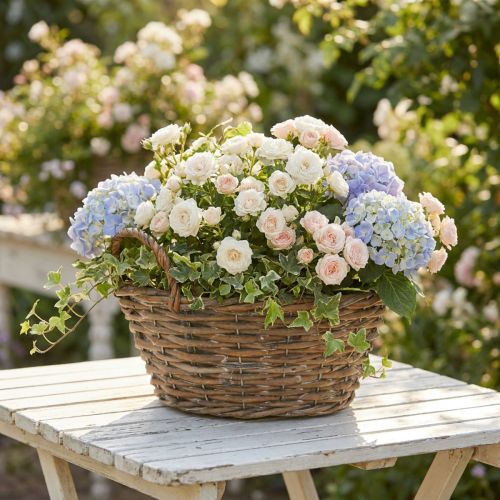 Virágtartó kosár, shabby chic, natúr fehér, M14cm Ø30cm fogantyúkkal, vintage dekorációval | Floristik24.hu