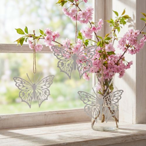 Pillangó dekoráció függő vintage fém dekoráció fehér 15×12cm 3 db | Floristik24.hu