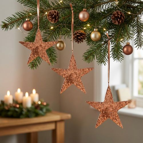 Felakasztható díszcsillag, Adventi dekoráció, fém medálok réz színű 12 × 13cm 3db | Floristik24.hu