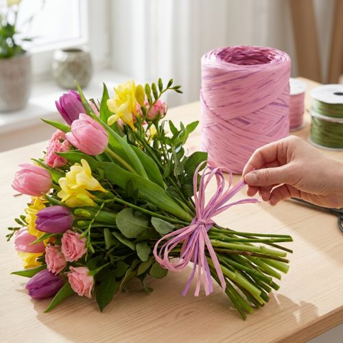 tételeket Raffia többszínű ajándék szalag rózsaszín-rózsaszín, virágüzleti kellékek, dekorációs szalag L200m