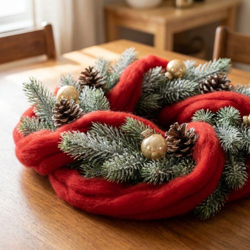 tételeket Gyapjúzsinór, díszgyapjú, piros, 2m nemezelt gyapjú virágkötészethez, dekorációhoz és kézműveskedéshez