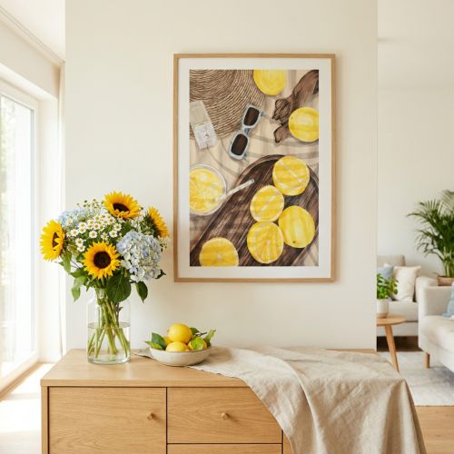 tételeket "Édes citromos idő" faldekoráció - nyári kép limonádéval és szalmakalappal, 40x60cm fa keretben