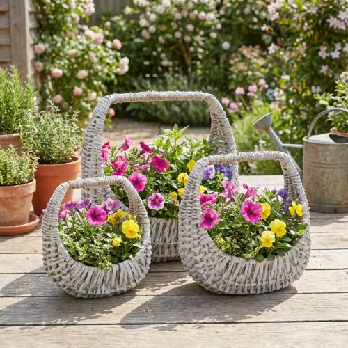 Fonott kosár füllel, szürke mosott, M43/34/27cm, 3 db-os szett | Floristik24.hu