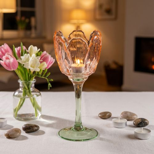 Tulipán alakú üveg mécsestartó, vintage stílusú, romantikus lakberendezési tárgy, 20cm | Floristik24.hu