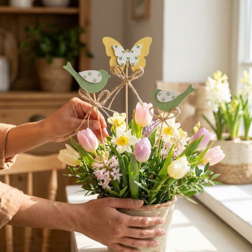 Plug madár pillangó, fa dekoráció, növény dugó rugós dekoráció zöld, sárga L24/25cm 12db | Floristik24.hu