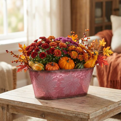 Tál levéldíszítéssel, ültetvényes, őszi díszítéssel, fém fazék borvörös L38cm H15cm | Floristik24.hu