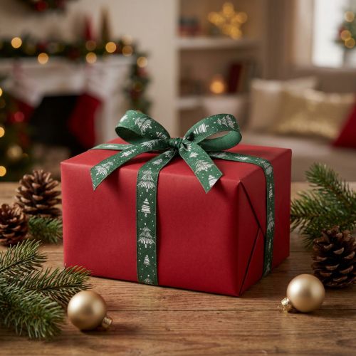 Karácsonyi fenyőfákkal díszített ajándék szalag zöld 15mm 20m | Floristik24.hu
