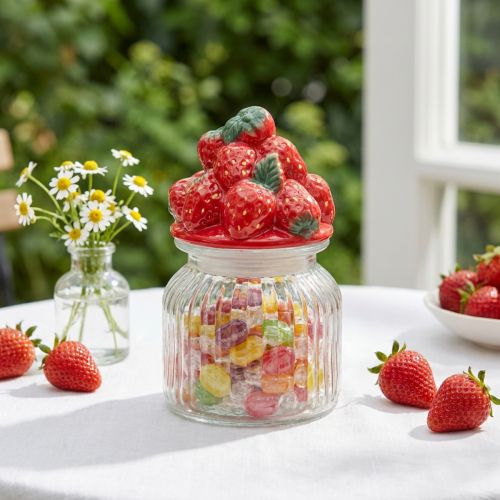 Cukorka üveg fedővel epres süteményes üveg Ø11cm H18cm | Floristik24.hu