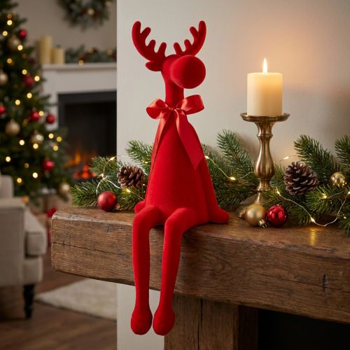 tételeket Dekoratív jávorszarvas figura masnival, ülő, pelyhesített polcon ülő, 54cm