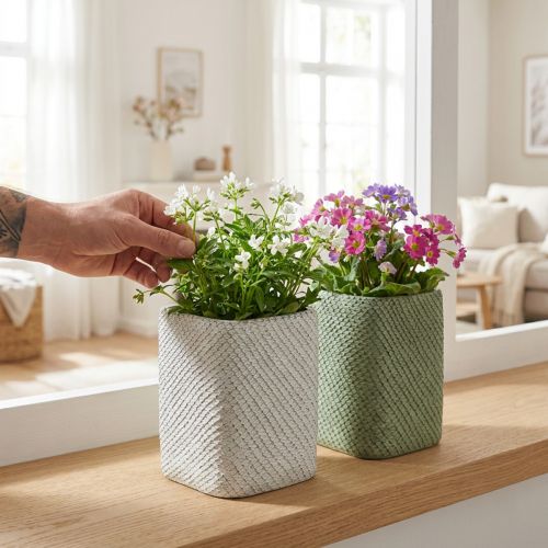 Ültetőkerámia fehér zöld reliefháló 12x12cm H17,5cm 2db | Floristik24.hu