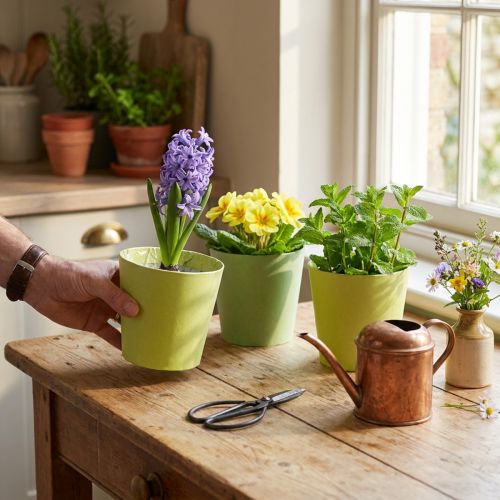 Papír cachepot, ültetőgép, cserép kék/zöld ültetéshez Ø13cm H12,5cm 4db | Floristik24.hu