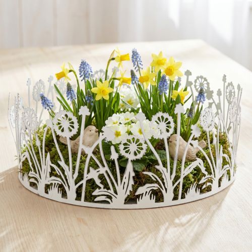 Dekoratív tálca pitypanggal, fém díszítéssel tavaszi fehérhez, ezüst kopott chic Ø25cm H10,5cm | Floristik24.hu