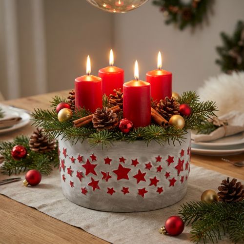 Adventi ültetőtál, csillagokkal ellátott virágtartó, beton díszítéssel Ø20cm H11cm | Floristik24.hu