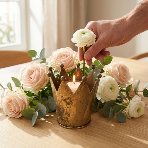 Korona gyertyatartó fém antik sárgaréz megjelenés Ø12,5cm H11,5cm | Floristik24.hu