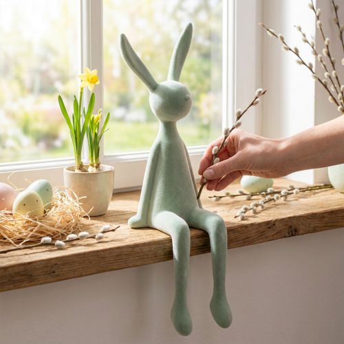 Húsvéti nyuszi polcra akasztható, ülő nyúl, pelyhesített, szürkészöld, 56cm | Floristik24.hu