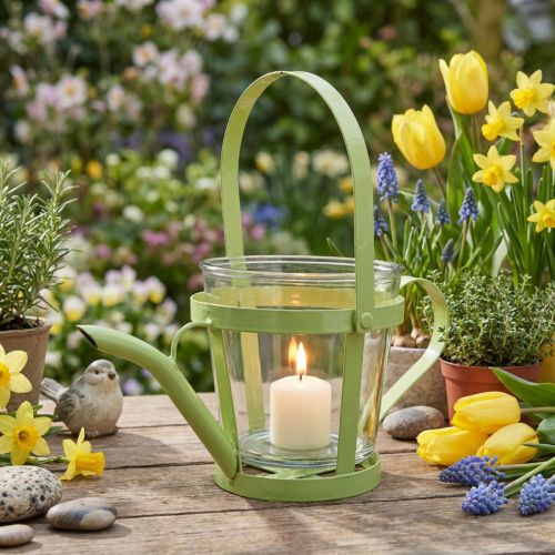 Lámpás üveg dekoratív öntözőkanna fém zöld Ø14cm H13cm | Floristik24.hu