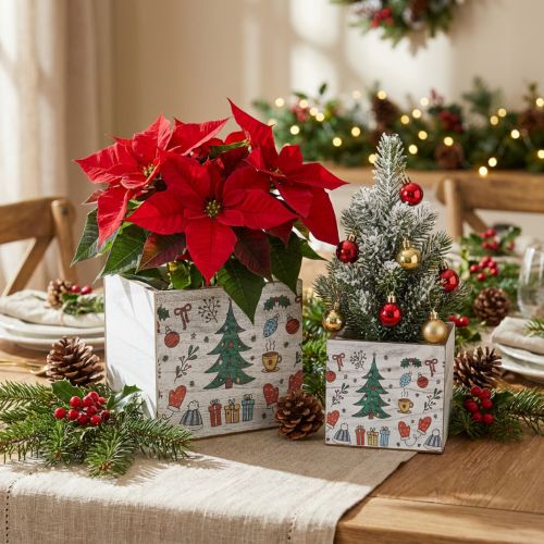 Fa virágtartó karácsonyi dekoráció fehér, színes 20 × 20/15 × 15 cm, 2 db-os készlet | Floristik24.hu
