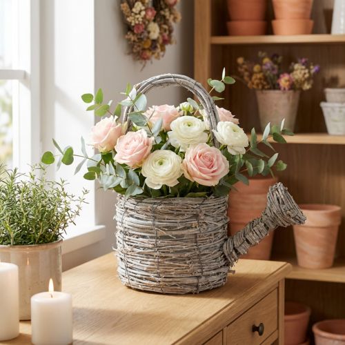 Dekoratív öntözőkanna ízléses szőtt dizájnnal elegáns otthoni dekorációhoz, 26 cm | Floristik24.hu