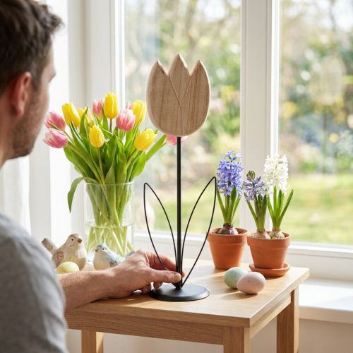 tételeket Dekoratív fa tulipánfigura tavaszi hangulathoz, állványon, 47,5 cm