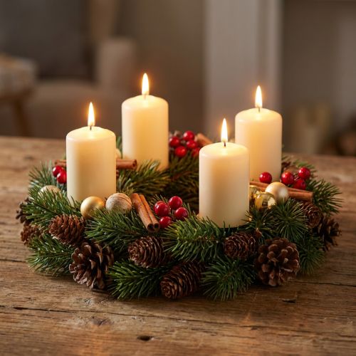 Adventi koszorú, fenyőkoszorú természetes és műfenyőtobozokkal, zöld ajtókoszorú Ø30cm, karácsonyi dekoráció | Floristik24.hu