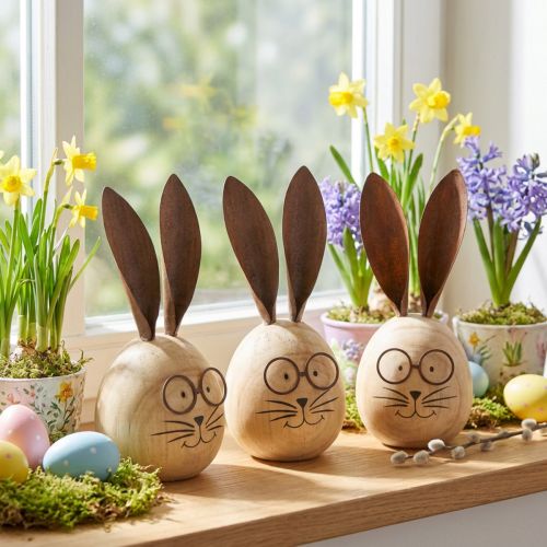 Tojás alakú nyúl dekoratív figura karakterrel tavaszi és szezonális dekorációhoz, 14 cm, 3 darab | Floristik24.hu