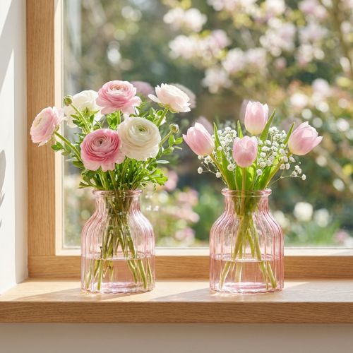 Üveg virágváza, retró, rózsaszín árnyalatú, Ø11cm, M14.5cm, 2 darab | Floristik24.hu