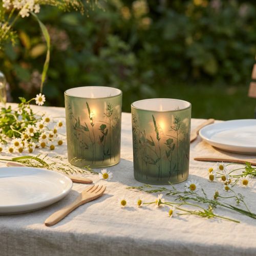 Dekoratív üveglámpás zöld fehér motívum rét H12,5cm 2 db | Floristik24.hu