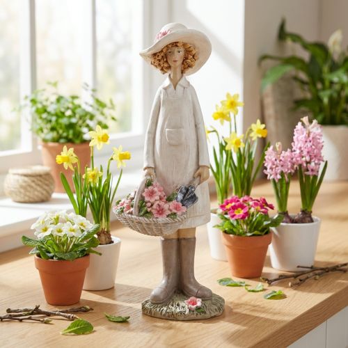 Dekoratív kertész figurák, dekoratív nő virágokkal, fehér rózsaszín, M21cm | Floristik24.hu